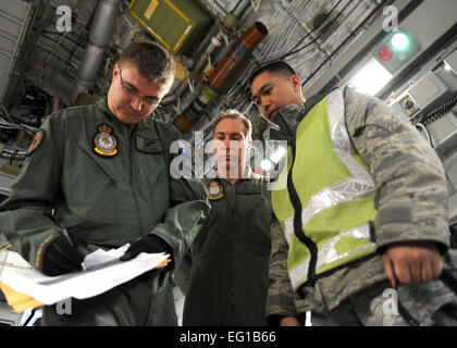 YOKOTA AIR BASE, Japon -- Le s.. Nathaniel Olaguer supervise un droit manifeste pour un Royal Australian Air Force C-17 Globemaster III le 21 mars de l'équipage. Avec l'aide de la RAAF, aviateurs Yokota 16 palettes livraison d'aide humanitaire à Sendai, Japon, dans le cadre de l'opération Tomodachi. L'opération Tomodachi est une mission de secours d'aider ceux qui sont touchés par les ravages causés par le récent tremblement de terre et le tsunami du 11 mars. Le sergent Olaguer est une opération de l'aérogare de contrôleur avec le 730th Escadron de mobilité aérienne. Airman Senior Michael J. Veloz Banque D'Images