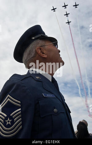 Ancien chef de l'US Air Force Master Sgt. Alfred Montoya, montres les patriotes les équipes de démonstration Jet Albatros L-39, effectuer plus de manœuvres de l'axe de vol au cours de la Nation d'Aviation 2011 Open House le 13 novembre, à Nellis Air Force Base, Nevada Nation d'aviation fête ses 70 ans d'Airpower à Las Vegas et les réalisations de l'Armée de l'air dans l'air, l'espace et le cyberespace. Un membre de la 1re classe Daniel Hughes Banque D'Images