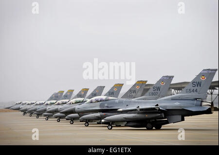 Neuf U.S. Air Force F-16 Fighting Falcon avions de s'asseoir sur la rampe avant de prendre son envol le 10 janvier 2012, à partir de la Shaw Air Force Base, L.C. (douze F-16s et environ 250 aviateurs canadiens déployés à Kunsan Air Base, Corée du Sud, pour un déploiement de trois mois. Les aviateurs ont été activée comme le 55e Escadron de chasse de l'expéditionnaire. Airman Senior Kenny Holston Banque D'Images