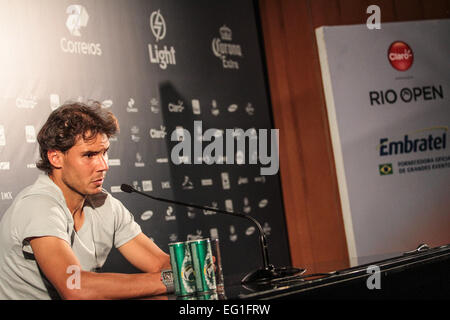 RIO DE JANEIRO, RJ - 13.02.2015 : RIO OPEN DE TÊNIS - Rafael Nadal au cours de conférence de presse à Jockey Club Brasileiro parle de son attente dans le tournoi ATP500 ce vendredi 13. Banque D'Images