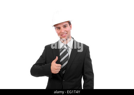 Jeune homme d'aller Thumbs up, isolé sur fond blanc Banque D'Images