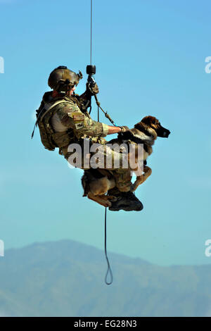 Pararescueman Senior Airman Jason Fischman monte une armée de chiens détecteurs d'explosifs tactiques dans un HH-60G Pave Hawk au cours d'un scénario de formation conjointe des opérations de sauvetage, le 21 juin 2013, à l'aérodrome de Bagram, en Afghanistan. Cette formation a été une première pour les deux branches et les a préparés pour les missions de sauvetage. Fischman est déployé à 83e Escadron expéditionnaire de sauvetage de la Royal Air Force Lakenheath, Angleterre. Le s.. Stephenie Wade Banque D'Images