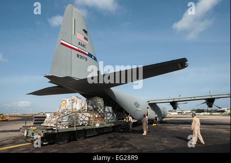 Aerial porteurs dans les Kentucky Air National Guard's 123e réponse d'urgence de la charge du groupe 8 tonnes d'aide humanitaire et des fournitures militaires sur un C-130 à l'aéroport International Léopold Sédar Senghor de Dakar, Sénégal, Novembre 4, 2014. L'aéronef et l'équipage de Dyess Air Force Base au Texas, sont déployés au Sénégal dans le cadre de l'air 787e Escadron expéditionnaire et volera la cargaison à Monrovia, Libéria, dans le cadre de l'opération United Assistance, l'Agence américaine pour le développement international, dirigée par l'ensemble du gouvernement visant à contenir l'épidémie du virus Ebola en Afrique de l'Ouest. Le major Dale Greer Banque D'Images