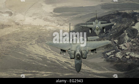 Le colonel John York pilotes un F-15 Eagle de l'avant du lieutenant-colonel Sean Navin, qui vole un F-16 Falcon sur sa dernière mission pour la 144e Escadre de chasse, California Air National Guard. Les F-16s ont été transférés à la 162e Escadre de chasse dans la région de Tucson (Arizona), en raison de la 144e Escadre de chasse de recevoir le F-15 Eagle comme leur nouvelle cellule. York est la 144e groupe d'opérations commandant. Navin est le commandant de la 194e Escadron de chasse. Le sergent-chef. David J. Loeffler Banque D'Images