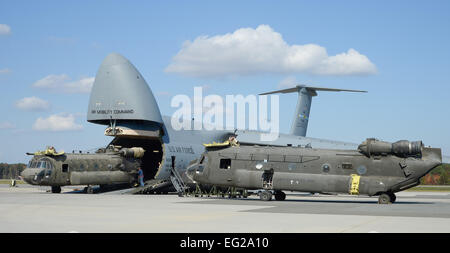 Army CH-47D Chinook helicopters et leurs composants sont déchargés d'un C-5M Super Galaxy le 29 octobre 2013 à Dover Air Force Base, Del. Les hélicoptères ont été utilisés en Afghanistan et sont retournés aux États-Unis que les forces armées sont retirées du pays. Le C-5s sont affectés à la 436e Escadre de transport aérien. Greg L. Davis Banque D'Images