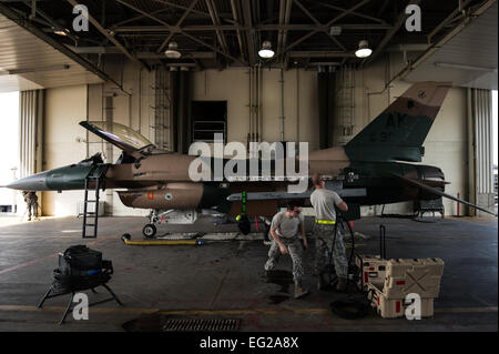 Le s.. Jacob Lee et d'un membre de la 1re classe Lawrence Croby, 354e Escadron de maintenance charge d'armes de l'équipage, réparer les systèmes d'armes sur un F-16C Fighting Falcon à Eielson Air Force Base, en Alaska, le 4 août 2014. La 354e mission AMS fournit-prêt à l'appui de l'aile des avions F-16 de la mission de l'agresseur que comprend la station d'accueil, de l'exercice Red Flag Alaska-agresseur et road shows. Le s.. Stephany Richards Banque D'Images