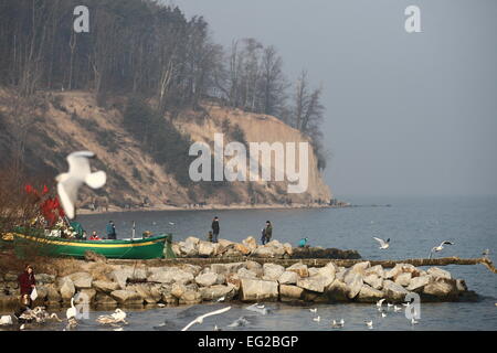 Gdynia, Pologne. 14, Février, 2015. Les gens profiter du beau temps chaud et marcher le long de la côte de la mer Baltique et d'Orlowo Pier à Gdynia Orlowo. Les météorologues prévoient près de la température de 6 degrés Celsius au cours de la semaine. Credit : Michal Fludra/Alamy Live News Banque D'Images