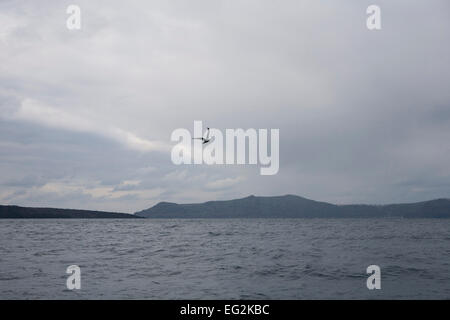 L'île de Néa Kaméni. 14 Février, 2015. à Santorin Grèce, Costas Papazachos sismologue et professeur à l'Université Aristote de Thessalonique et George Vougioukalakis, volcanologue, chercheur Dr. géothermique est allé à l'île de Nea Kameni pour vérifier l'équipement de surveillance qui rendent les mesures de gaz comme le dioxyde de carbone et l'hydrogène sulfuré et de réparer certains dommages qui hapend en raison de mauvaises conditions météorologiques. Credit : Konstantina Sidiropoulou/Alamy Live News Banque D'Images