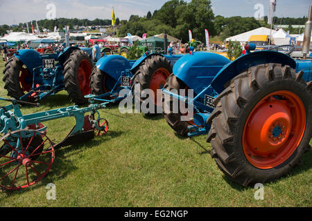 Lors d'une journée ensoleillée, 3 bleu et rouge vintage tracteurs Fordson sont dans une ligne, à l'affiche avec une vieille charrue, au Great Yorkshire Show, Aquitaine, FR, UK. Banque D'Images