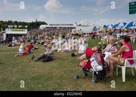 Jour de foule de gens assis sur l'herbe ou des chaises boire, manger, se reposer et se détendre au soleil dans le grand show du Yorkshire, England, GB, au Royaume-Uni. Banque D'Images