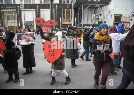 Les défenseurs des droits des animaux ont ouvert leur coeur en signe de protestation le jour de la Saint-Valentin ; marcher sur la 5e Avenue à Bergdorf Goodman ; un département de produits de luxe boutique qui vend des fourrures ; envoyer le message que l'achat de la fourrure est un crime contre les animaux. Banque D'Images