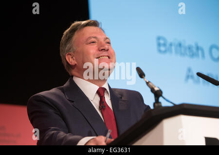 Ed Balls traite de la Chambre de Commerce britannique à Londres Banque D'Images