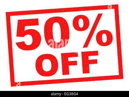 50 % OFF Timbre en caoutchouc rouge sur un fond blanc. Banque D'Images