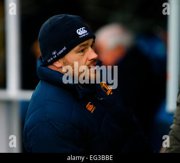 Dublin, Irlande. Feb 15, 2015. Pro12 Guinness Championship. Leinster contre Dragons. Cian Healy (Irlande du Nord) à l'appui de ses coéquipiers. Credit : Action Plus Sport/Alamy Live News Banque D'Images