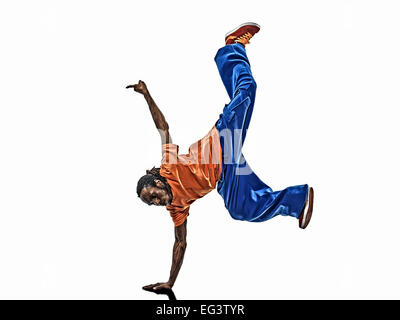 Un acrobatique hip hop breakdance break dancer jeune homme handstand silhouette fond blanc Banque D'Images