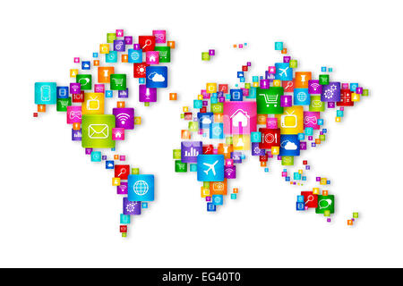 Carte du monde battant collection d'icônes du bureau. Le concept de Cloud Computing Banque D'Images