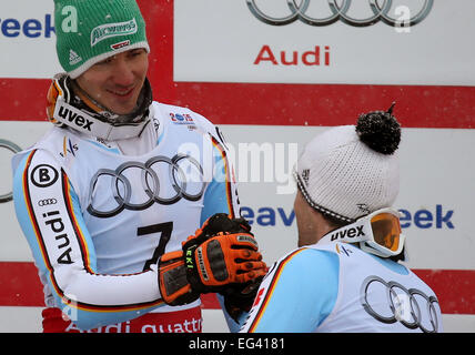 Felix Neureuter (L) et Fritz Dopfer de Allemagne réagir après la mens slalom aux Championnats du Monde de Ski Alpin à Vail - Beaver Creek, Colorado, USA, 15 février 2015. Photo : Stephan Jansen/dpa Banque D'Images