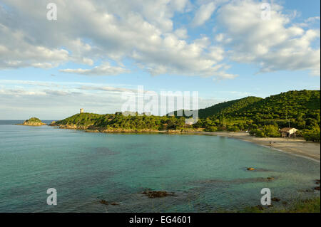 Littoral, tour génoise de Fautea, Côte des Nacres, Côte Est, Corse, France Banque D'Images