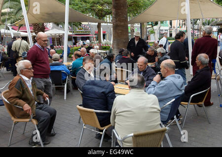 Les hommes plus âgés jouant aux échecs et des dominos dans un parc à Las Palmas de Gran Canaria, Îles Canaries Banque D'Images