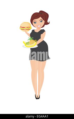 Grosse femme de choisir entre les fruits et les hamburgers. Isolées. Illustration de Vecteur