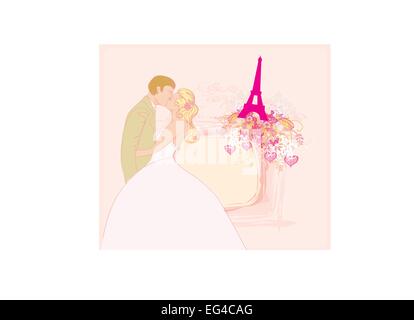 Couple romantique baiser à Paris près de la Tour Eiffel Illustration de Vecteur