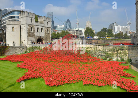 Terres & Mer balayée de sang rouge de l'installation de coquelicots en céramique commémorant les vies perdues pendant la PREMIÈRE GUERRE MONDIALE à la Tour de Londres, UK Banque D'Images