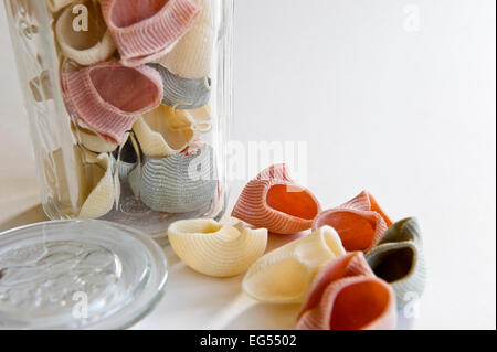 Quelques coquilles de pâtes de couleur affichées à l'avant d'un bocal en verre sur un fond blanc. Banque D'Images
