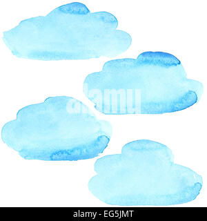 Aquarelle bleu isolé sur le nuages fond blanc Banque D'Images