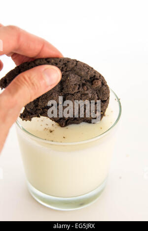 Chocolate cookie avec la main d'être trempés dans le lait Banque D'Images