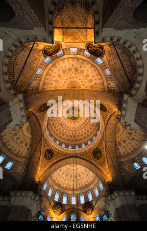 ISTANBUL, Turquie / Türkiye — intérieur richement décoré de la salle de prière de la nouvelle Mosquée (Yeni Cami) à Istanbul. Située dans le quartier animé d'Eminonu à Istanbul, à l'extrémité sud du pont de Galata, la Nouvelle Mosquée (ou Yeni Cami) date d'environ 1665. Sa grande salle de prière est décorée dans le style impérial ottoman distinctif. Banque D'Images