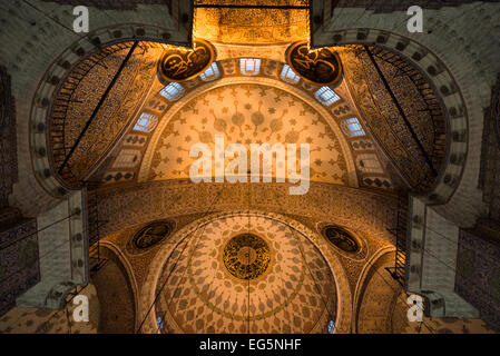 Yeni Camii Intérieur de la Nouvelle Mosquée Décoration de Plafond Istanbul Turquie | ISTANBUL — Des médaillons calligraphiques dorés et des dômes superposés remplissent le plafond de la Yeni Camii, ou Nouvelle Mosquée, près du Bosphore. Le dôme central, de 57,4 pieds (17,5 m) de diamètre, s'inscrit dans une masse pyramidale de dômes et de demi-dômes achevée en 1665 après une histoire de construction s'étendant sur deux règnes et 68 ans. Des revêtements de carreaux İznik en bleu cobalt et rouge corail bordent les murs sous la voûte. Banque D'Images