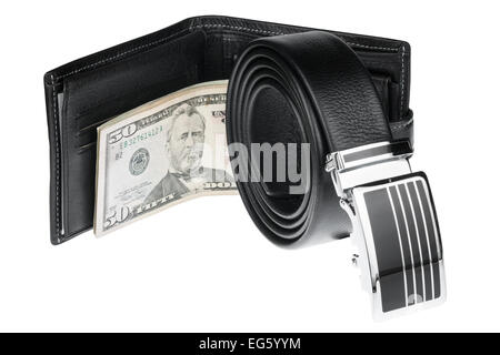 Men's belt, un portefeuille avec de l'argent, isolé sur fond blanc Banque D'Images