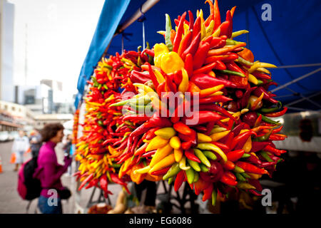 L'image colorée de grappes de piments accroché sur un étal en avant du Pike Place Market, Seattle Banque D'Images