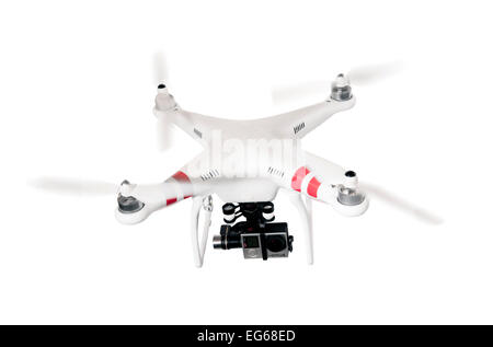 Un drone quadcopter DJI phantom ou voler sur un fond blanc Banque D'Images