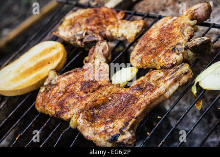 Steaks, saucisses, l'oignon, le poivron rouge et de pain grillé sur un barbecue Banque D'Images