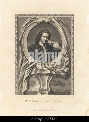 Portrait de Thomas Otway, poète et dramaturge de la restauration anglaise, 1652-1685. Dans un ovale décoré de lyre, masque dramatique et de fleurs. Banque D'Images