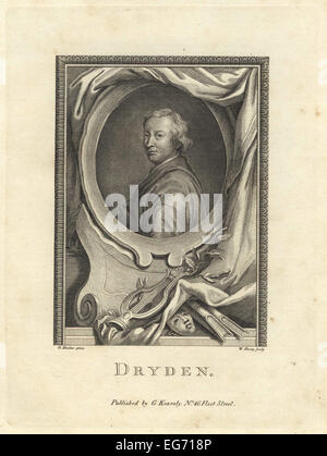 Portrait de John Dryden, poète de la restauration anglaise, 1631-1700, dans un ovale décoré de masque, lyre, livres et Rideau. Banque D'Images