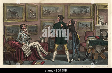 Gentleman anglais qui est mesuré pour une veste d'un tailleur dans un salon décoré avec des peintures de sport, Londres, 1820. Jerry dans la formation d'une houle. Banque D'Images