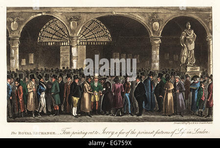 Dandys anglais séance marchands dans le Royal Exchange, Londres, 1820. Tom soulignant à Jerry quelques-unes des caractéristiques de la vie primest à Londres. Banque D'Images