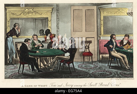 Jouant les dandys anglais cardsharps whist à la tricherie dans une maison de Londres, 1820. La gent à la signalisation miroir à ses collègues les escrocs sur la main de la marque. Tom and Jerry parmi la houle large de criques. Banque D'Images