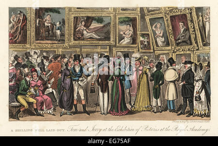 Dandys Anglais et les dames à une exposition d'art, 1820. Tom et Jerry à l'exposition de photos à la Royal Academy. Un Shilling et bien présentées. Banque D'Images