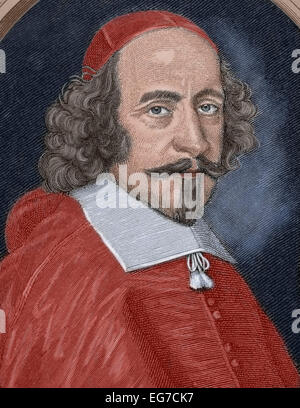 Jules Mazarin (1602-1661). Le cardinal italien, diplomate et homme politique. Ministre principal de la France de 1642 jusqu'à sa mort. Portrait. Gravure, 19ème siècle. De couleur. Banque D'Images