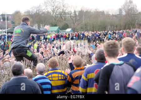 Ashbourne, Derbyshire, Royaume-Uni. 18 Février, 2015. Le mercredi des cendres et de la deuxième journée de football Mardi gras ,des foules immenses sont venus participer et assister.aujourd'hui, la plupart des jouer est passé à Ashbourne .terrain sportif de couverture Hawthorne divise les joueurs . Credit : IFIMAGE/Alamy Live News Banque D'Images