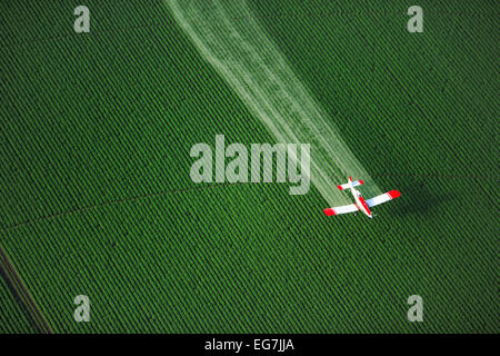 Une vue aérienne d'une culture agricole duster spraying chemicals , tout en volant bas au-dessus de champs agricoles. Banque D'Images
