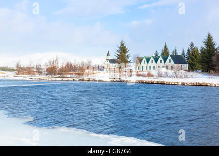 Þingvallabaer et rivière Oxara Parc national de Þingvellir en hiver Islande Europe Banque D'Images