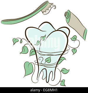 L'image d'une dent naturelle enveloppée dans une vigne avec brosse à dents et pâte. Banque D'Images