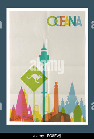 Billet d'Océanie sites célèbres skyline sur feuille papier vintage background design de l'affiche. Vector organisé en couches pour cre facile Banque D'Images