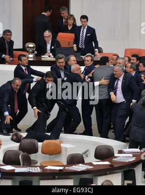 Ankara. Feb 19, 2015. Photo prise le 19 février 2015 montre la lutte entre les parlementaires au cours de la première journée de débat à l'assemblée législative de l'Assemblée générale turque sur une initiative gouvernementale controversée loi sécurité intérieure à Ankara, Turquie. La lutte a éclaté à la suite de discussions entre les députés du parti de la Justice et du développement (AKP) et les députés de l'opposition officielle, le Parti républicain du peuple (CHP) au cours d'une session à la fin de la soirée. Credit : Mustafa Kaya/Xinhua/Alamy Live News Banque D'Images