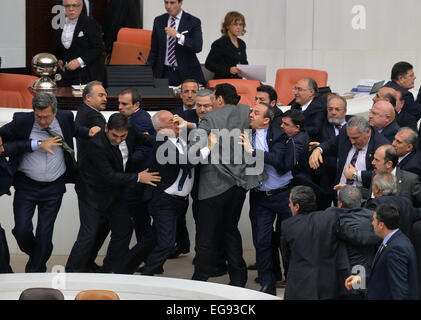 Ankara. Feb 19, 2015. Photo prise le 19 février 2015 montre la lutte entre les parlementaires au cours de la première journée de débat à l'assemblée législative de l'Assemblée générale turque sur une initiative gouvernementale controversée loi sécurité intérieure à Ankara, Turquie. La lutte a éclaté à la suite de discussions entre les députés du parti de la Justice et du développement (AKP) et les députés de l'opposition officielle, le Parti républicain du peuple (CHP) au cours d'une session à la fin de la soirée. Credit : Mustafa Kaya/Xinhua/Alamy Live News Banque D'Images