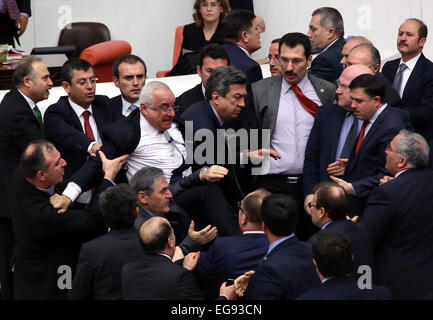 Ankara. Feb 19, 2015. Photo prise le 19 février 2015 montre la lutte entre les parlementaires au cours de la première journée de débat à l'assemblée législative de l'Assemblée générale turque sur une initiative gouvernementale controversée loi sécurité intérieure à Ankara, Turquie. La lutte a éclaté à la suite de discussions entre les députés du parti de la Justice et du développement (AKP) et les députés de l'opposition officielle, le Parti républicain du peuple (CHP) au cours d'une session à la fin de la soirée. Credit : Mustafa Kaya/Xinhua/Alamy Live News Banque D'Images